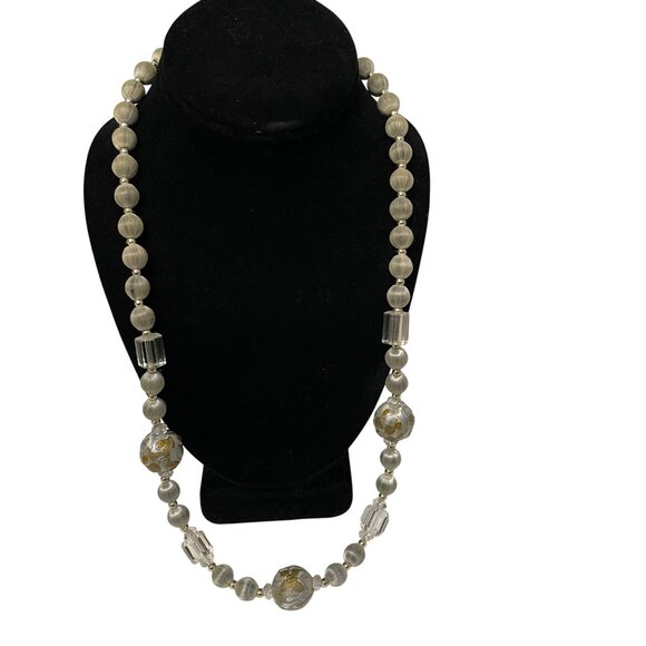 Vintage Gold & Silver Tone Beaded Necklace With Art Glass Accents & Crystal-Like - Picture 6 of 7